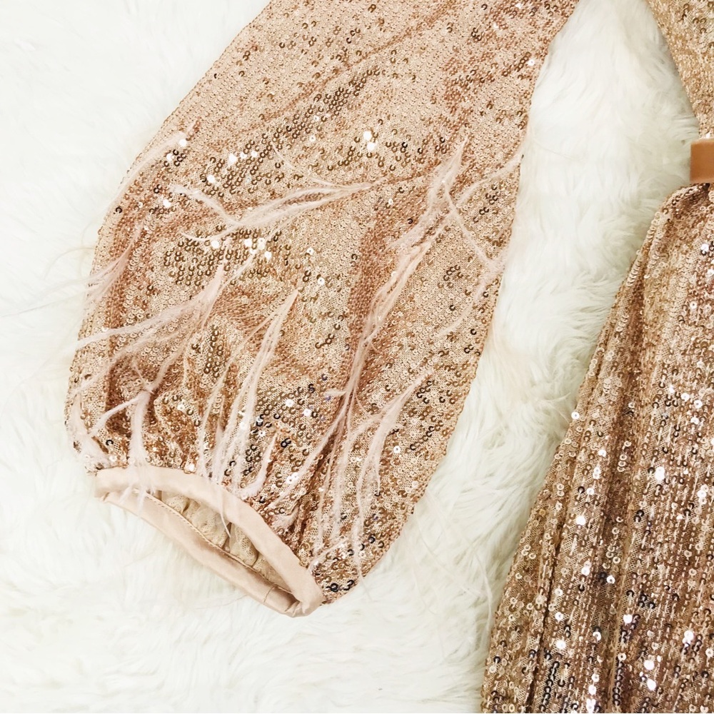 ANTONIO MELANI x Nicola Bathie Rose Gold Sequin Maxi Dress Feather Formal Size 2 - Picture 8 of 14